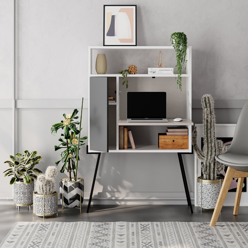 Tatti Modern Desk White – open storage angle showing cabinets and compartments