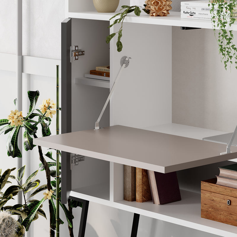 Tatti Modern Desk White – side view of open storage cabinets for small space home office