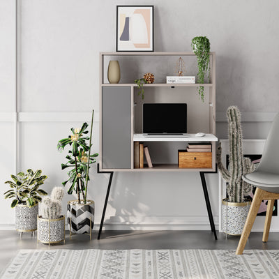 Tatti Modern Desk Mocha Grey – open storage cabinets – wall-mounted multipurpose home office desk