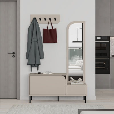 Mila Shoe Cabinet & Hanger Set – 3-in-1 Hallway Unit with Mirror – Sandstone