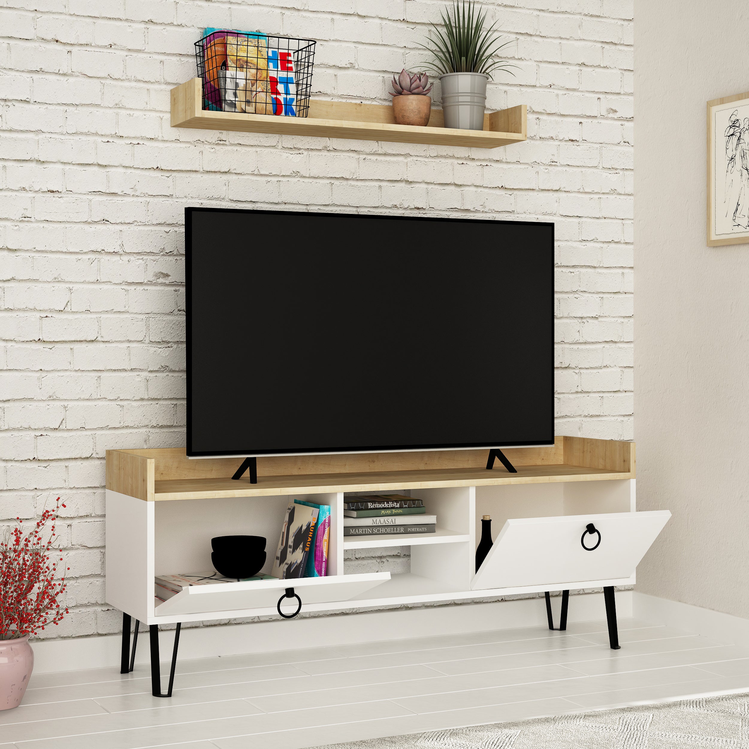 Keday Modern TV Stand Multimedia Centre With Wall Shelf Unit 140cm - Decortie