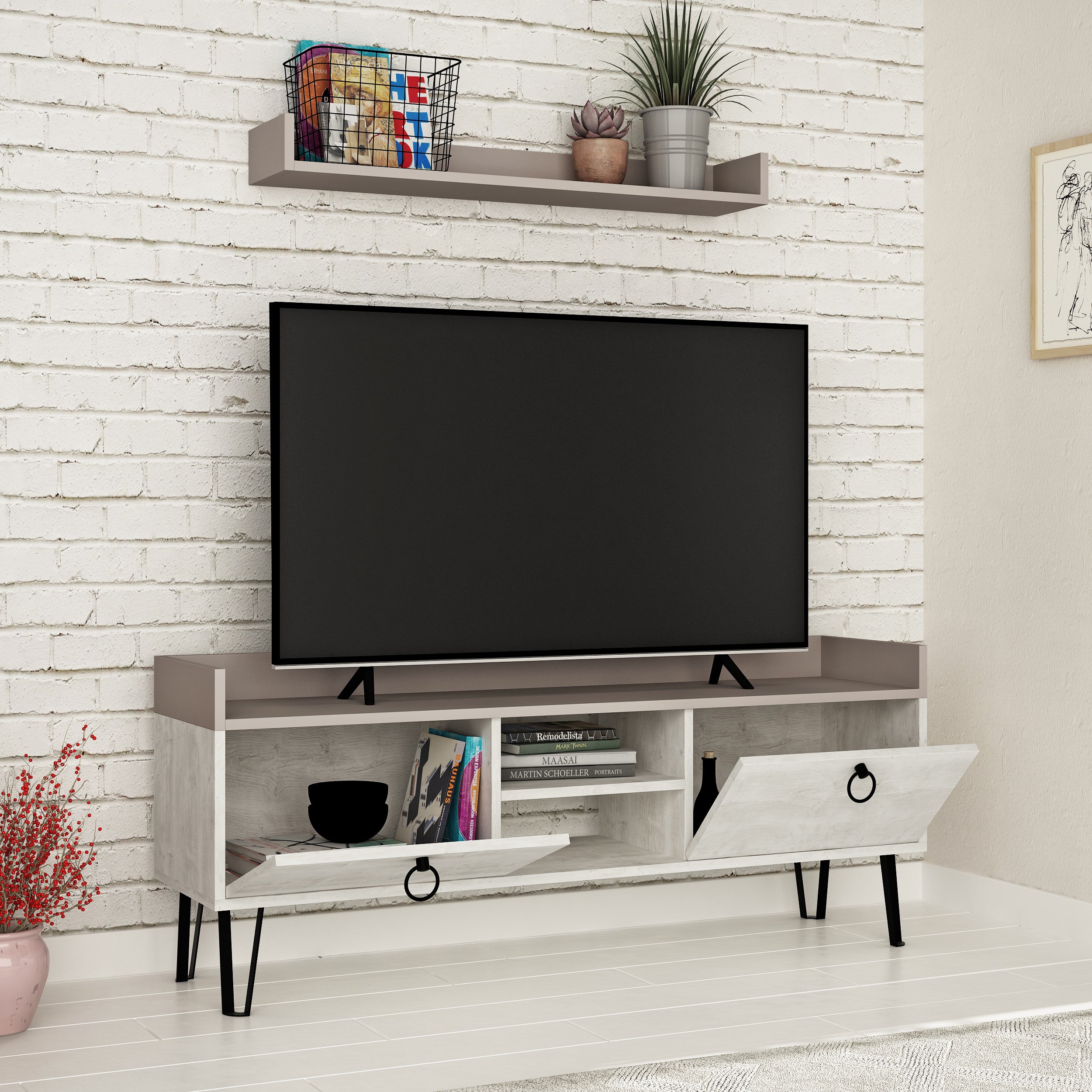 Keday Modern TV Stand Multimedia Centre With Wall Shelf Unit 140cm - Decortie