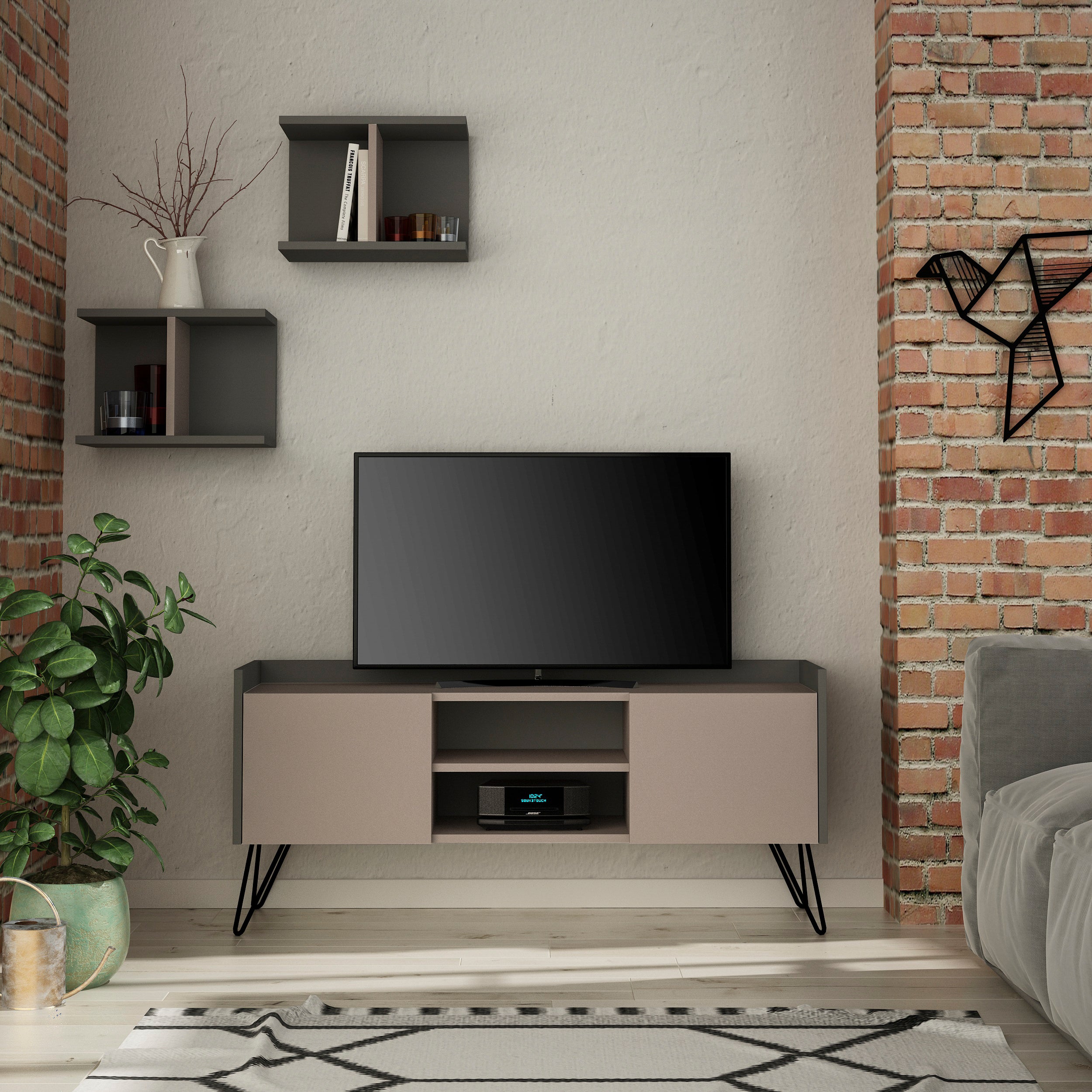 Klappe Modern TV Stand With Storage And Wall Shelf 126 cm - Decortie