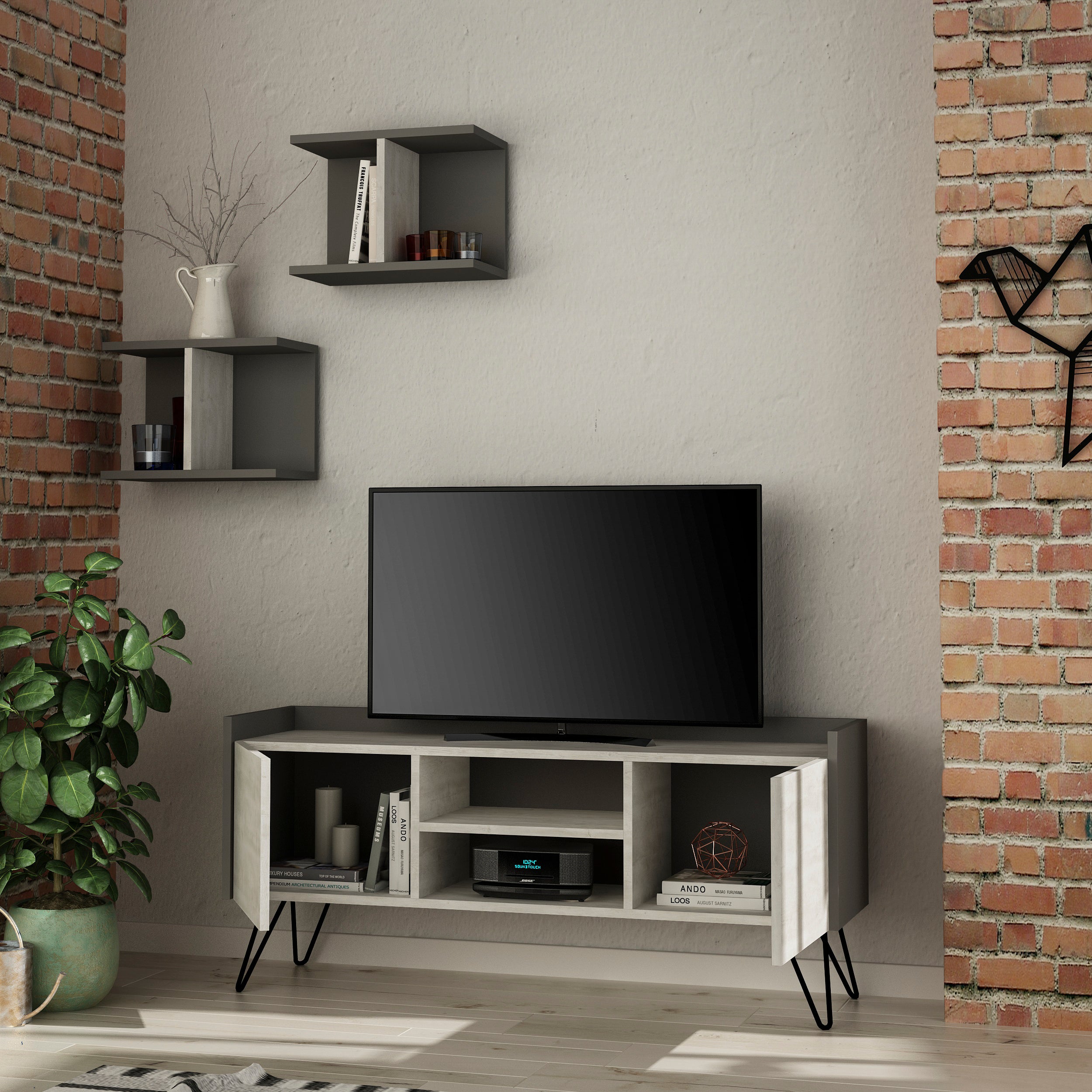 Klappe Modern TV Stand With Storage And Wall Shelf 126 cm - Decortie