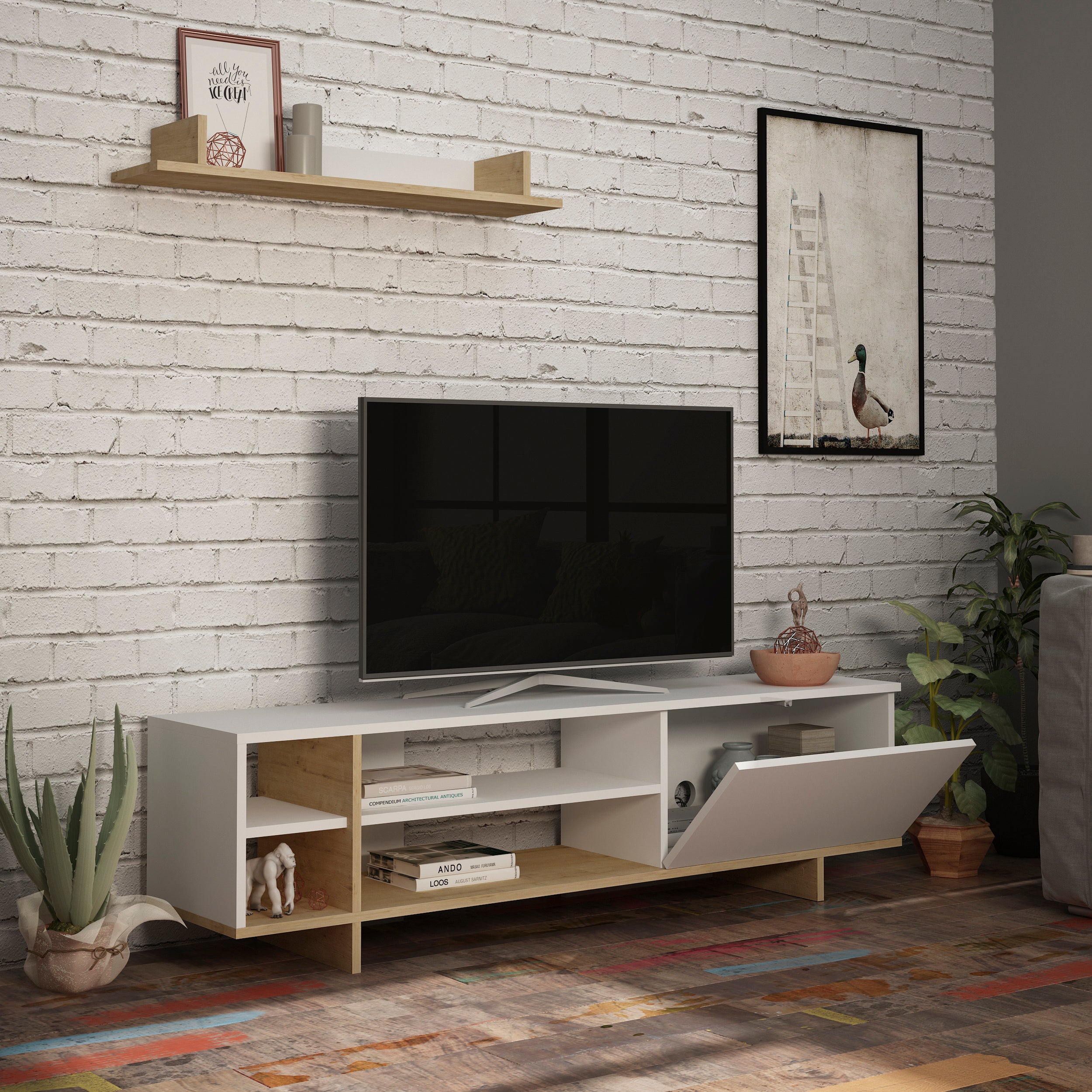 Stockton Modern Tv Unit With Storage And Wall Shelf 160cm - Decortie