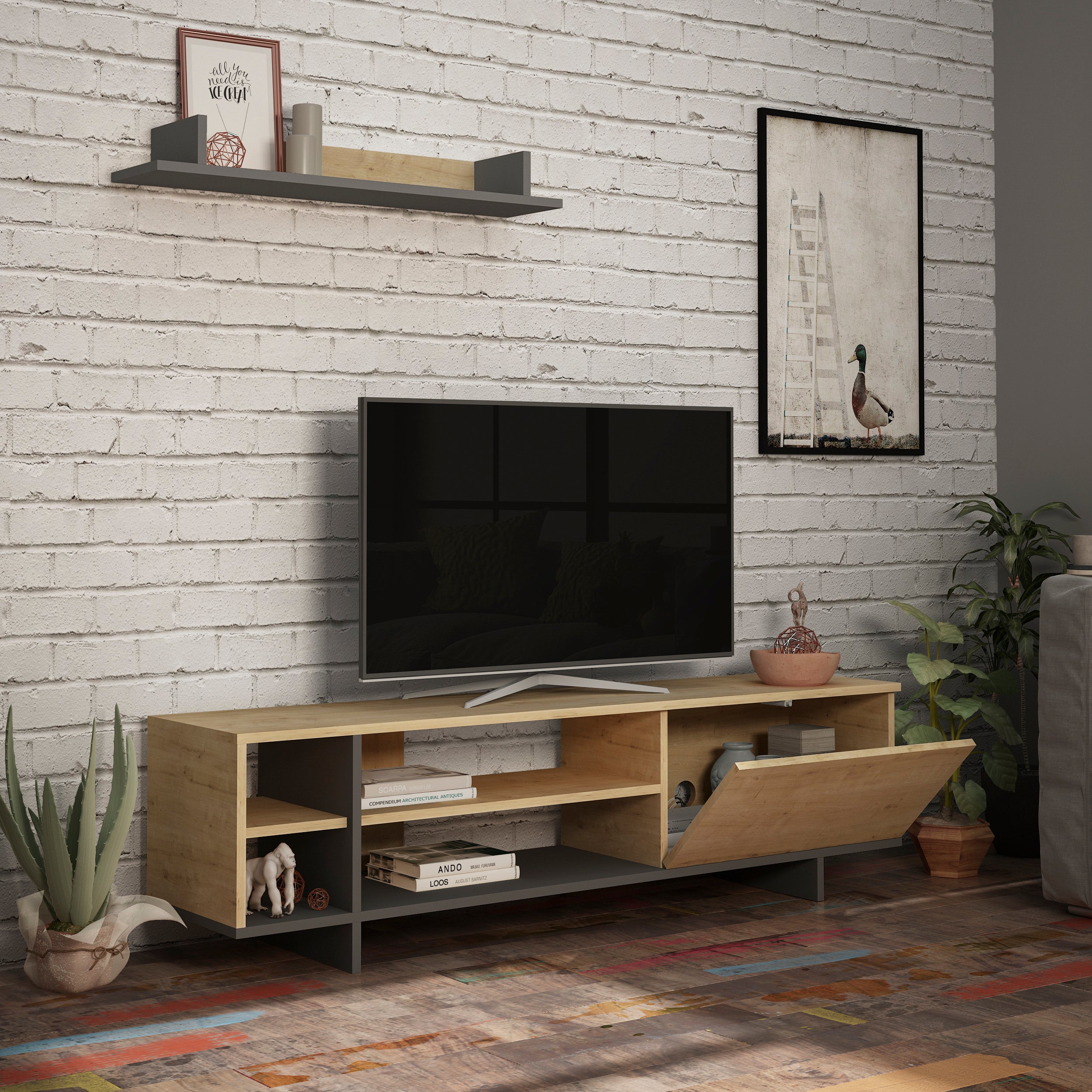 Stockton Modern Tv Unit With Storage And Wall Shelf 160cm - Decortie
