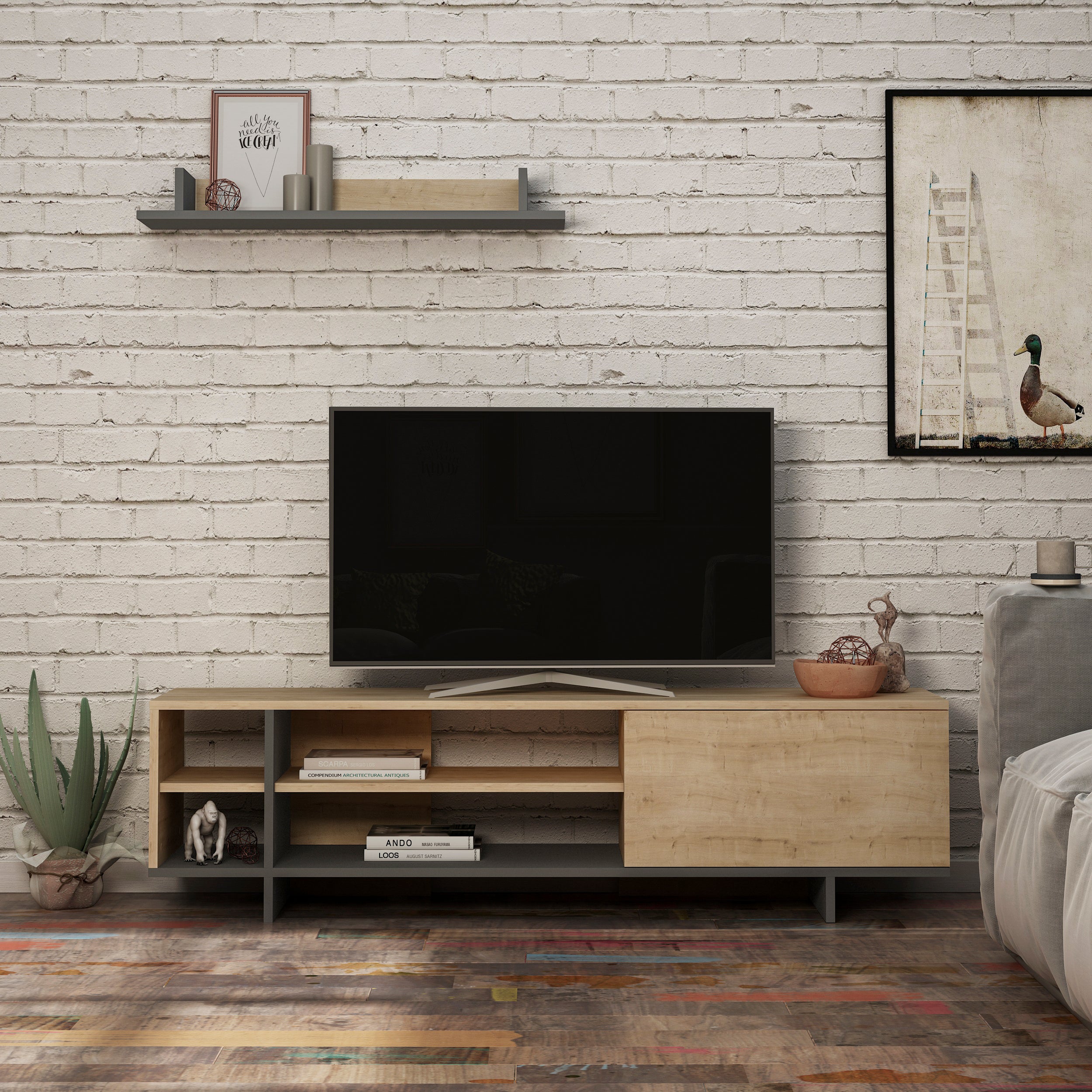 Stockton Modern Tv Unit With Storage And Wall Shelf 160cm - Decortie