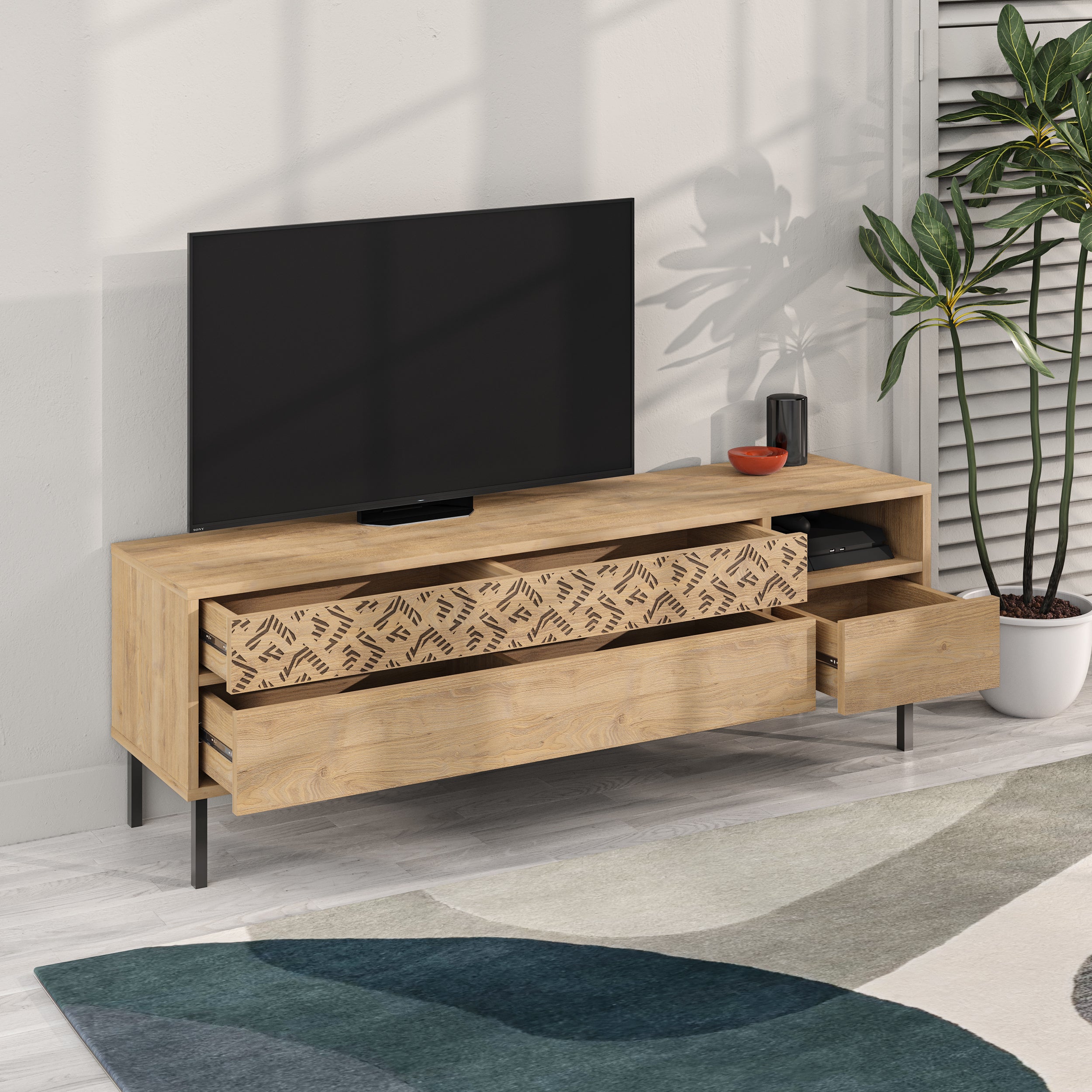 Heaton Modern TV Stand Multimedia Centre TV Unit With Storage Cabinet 144.6cm - Decortie
