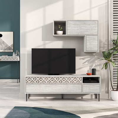 Heaton Modern Tv Unit With Storage And Wall Shelf 144.6cm in Ancient White
