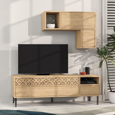 Heaton Modern Tv Unit With Storage And Wall Shelf 144.6cm – Oak