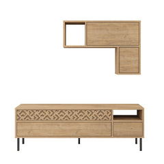Heaton Modern Tv Unit With Storage And Wall Shelf 144.6cm – Oak