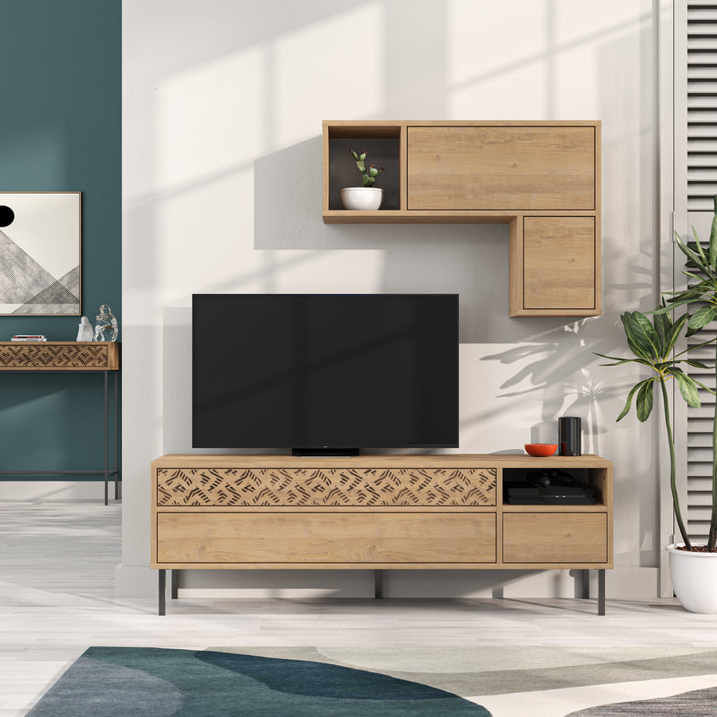Heaton Modern Tv Unit With Storage And Wall Shelf 144.6cm in Oak
