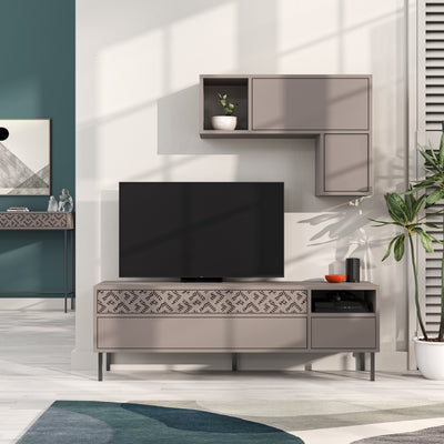 Heaton Modern Tv Unit With Storage And Wall Shelf 144.6cm in Light Mocha