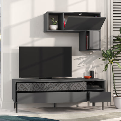 Heaton Modern Tv Unit With Storage And Wall Shelf 144.6cm – Anthracite