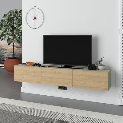 Francy Modern Tv Unit - Wall Mounted - 3 Compartments - 180 cm in Ash Green,Sapphire Oak