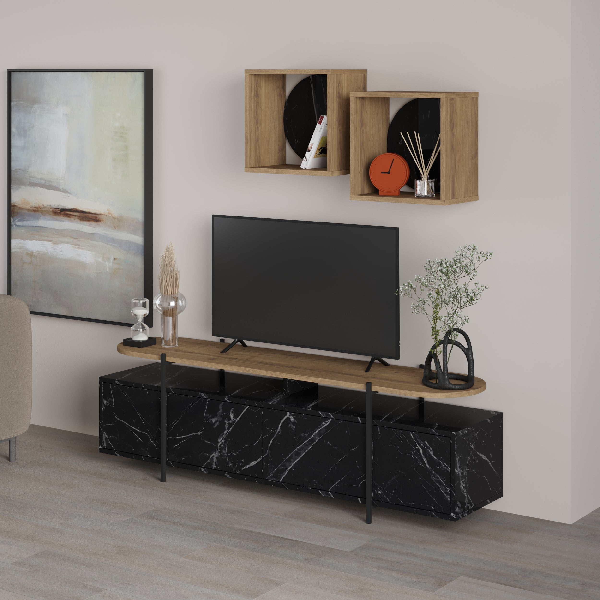 Hanley Modern Tv Unit With Wall Storage Unit 160cm - Decortie