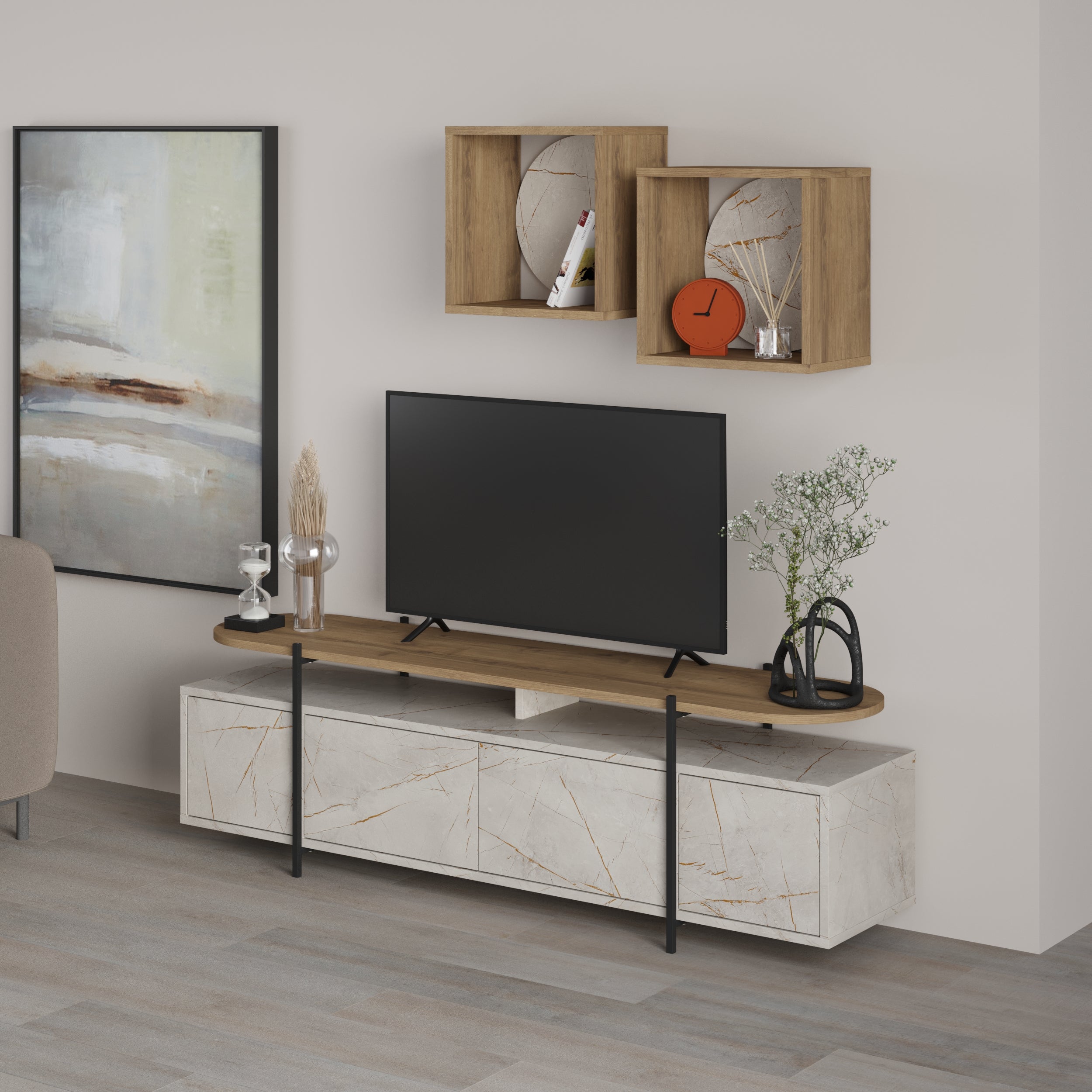 Hanley Modern Tv Unit With Wall Storage Unit 160cm - Decortie