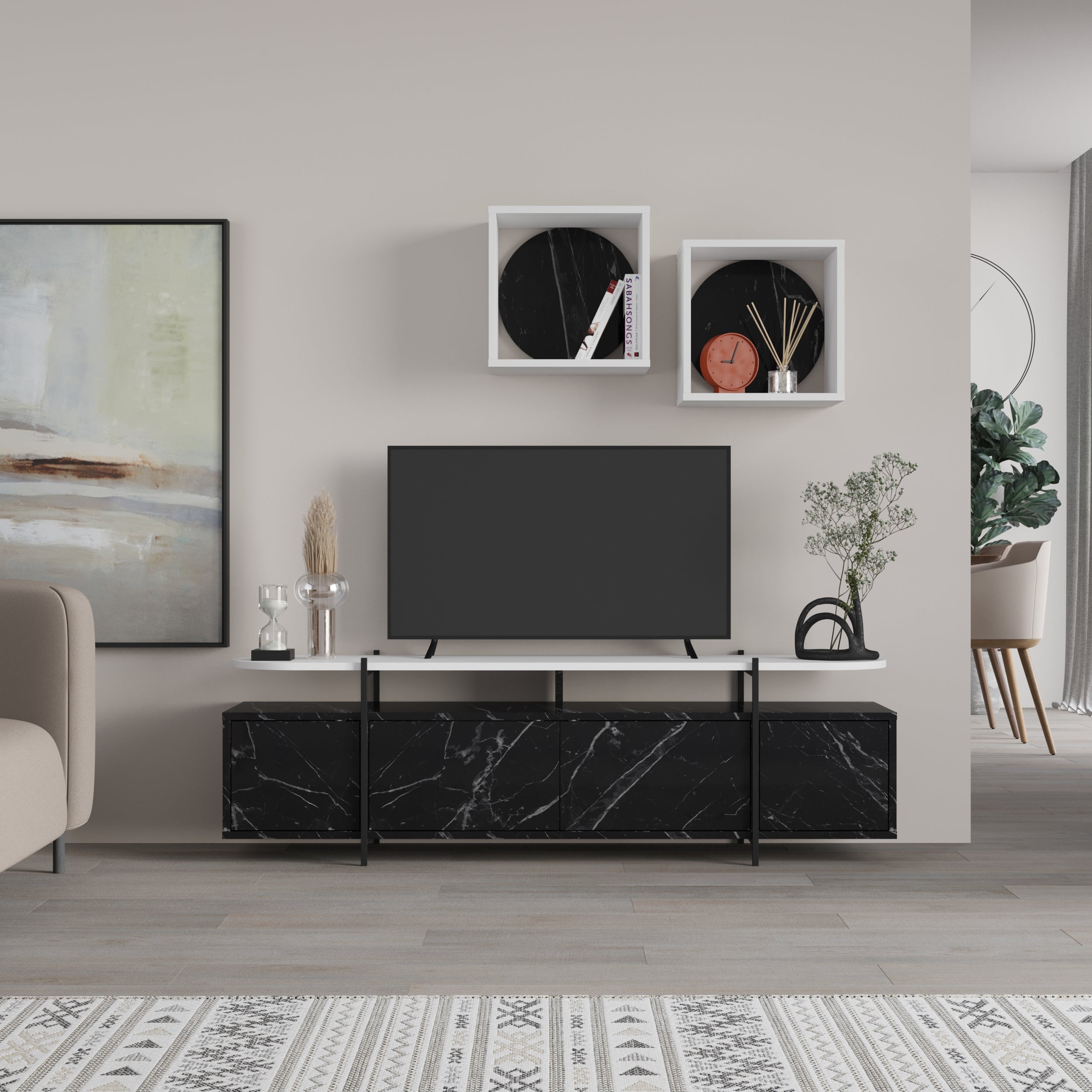 Hanley Modern Tv Unit With Wall Storage Unit 160cm - Decortie