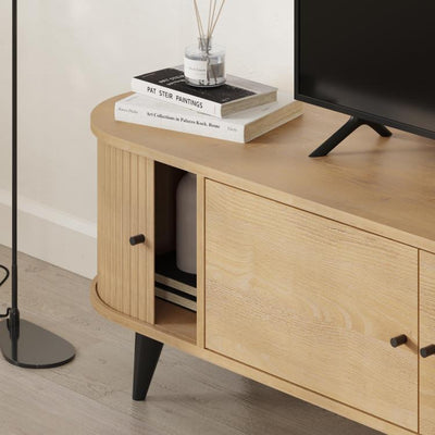 Gentle TV Stand – open door storage view – 4-door living room TV unit – Decortie