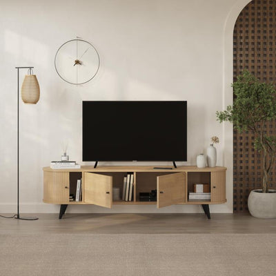 Gentle TV Stand – open door storage view – 4-door living room TV unit – Decortie