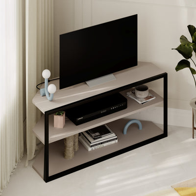 Echo Corner TV Stand – Compact Corner Unit for TVs with Storage Shelves for Living Rooms or Flats in Light Mocha