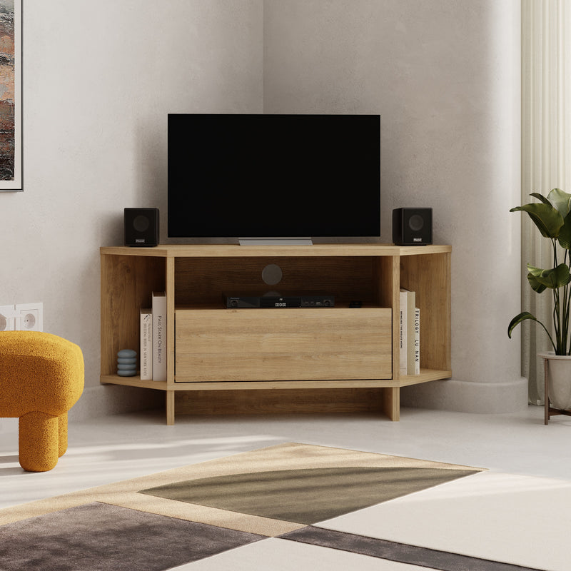 Viva Corner TV Unit – compact corner TV stand with shelves and cabinet – Decortie