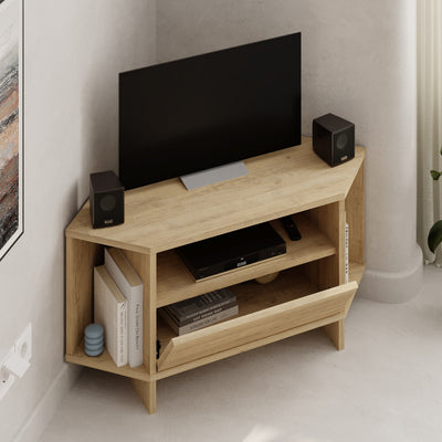 Modern Viva Corner TV Unit – Compact Corner Stand with Shelves & Cabinet for 40-Inch TVs – Oak