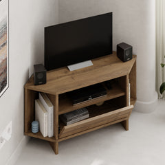 Modern Viva Corner TV Unit – Compact Corner Stand with Shelves & Cabinet for 40-Inch TVs – Dark Oak Effect