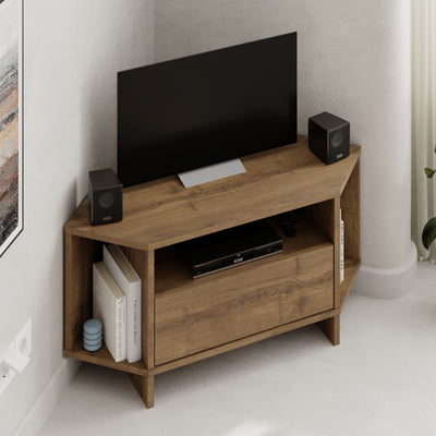 Modern Viva Corner TV Unit – Compact Corner Stand with Shelves & Cabinet for 40-Inch TVs in Dark Oak Effect