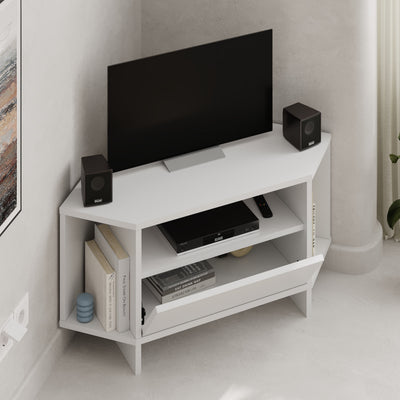 Modern Viva Corner TV Unit – Compact Corner Stand with Shelves & Cabinet for 40-Inch TVs in White