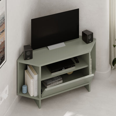 Viva Corner TV Unit – open storage compartment view – compact corner TV stand – Decortie