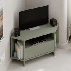 Modern Viva Corner TV Unit – Compact Corner Stand with Shelves & Cabinet for 40-Inch TVs – Ash Green