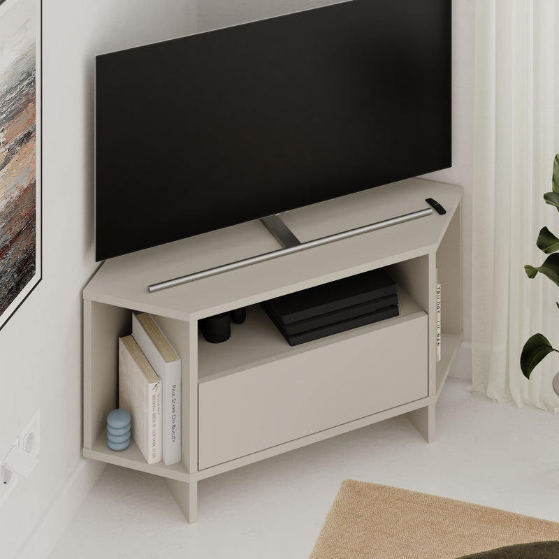 Viva Corner TV Unit – additional view – compact corner stand with shelves – Decortie