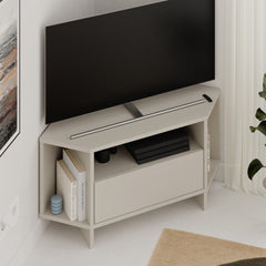 Modern Viva Corner TV Unit – Compact Corner Stand with Shelves & Cabinet for 40-Inch TVs – Sandstone