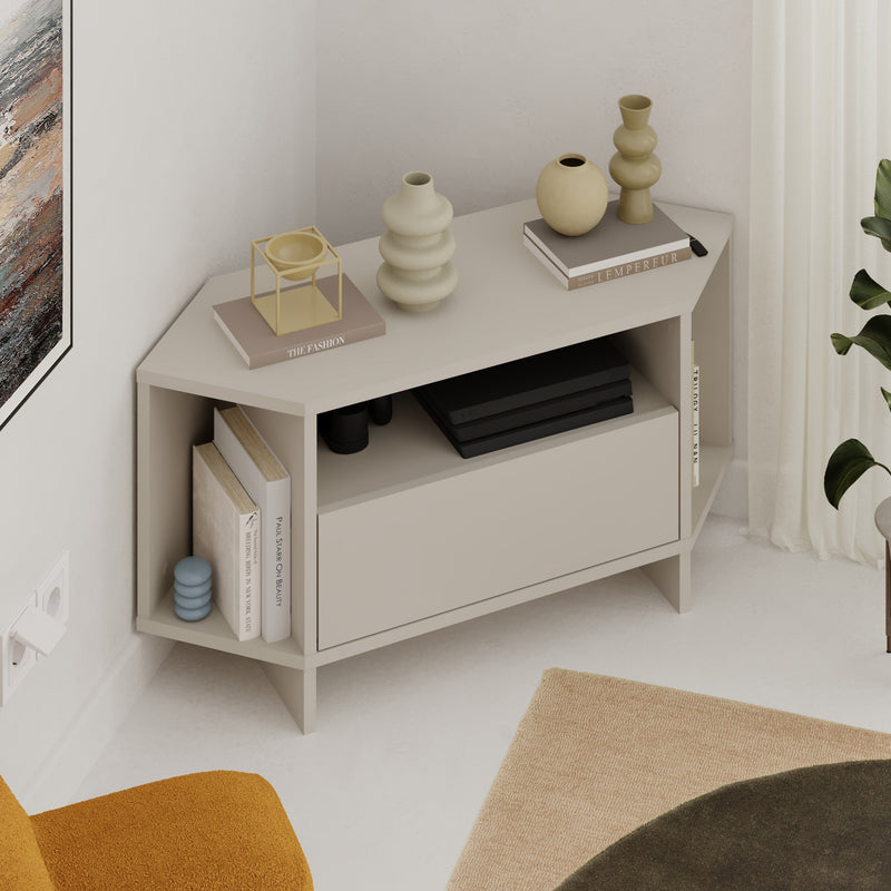 Viva Corner TV Unit – additional view – compact corner stand with shelves – Decortie