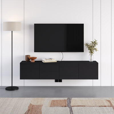 Combe Floating Wall-Mounted TV Unit 180cm (W) Soft-Close 4 Doors in Black Wood