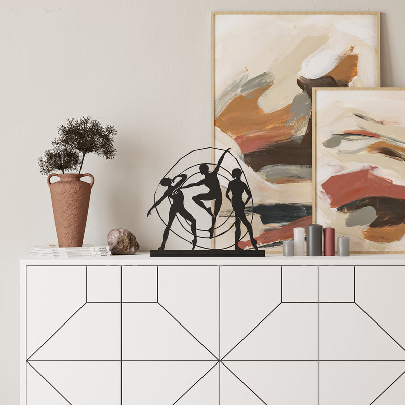 Pose Decorative Object in matte black, dancer silhouettes within a circular frame