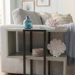 Homia Stepped Side Table with Open Shelves – Living Room End Table – Ash Green