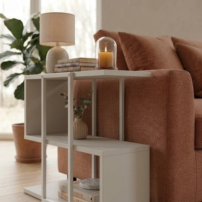 Homia Stepped Side Table with Open Shelves – Living Room End Table – Sandstone
