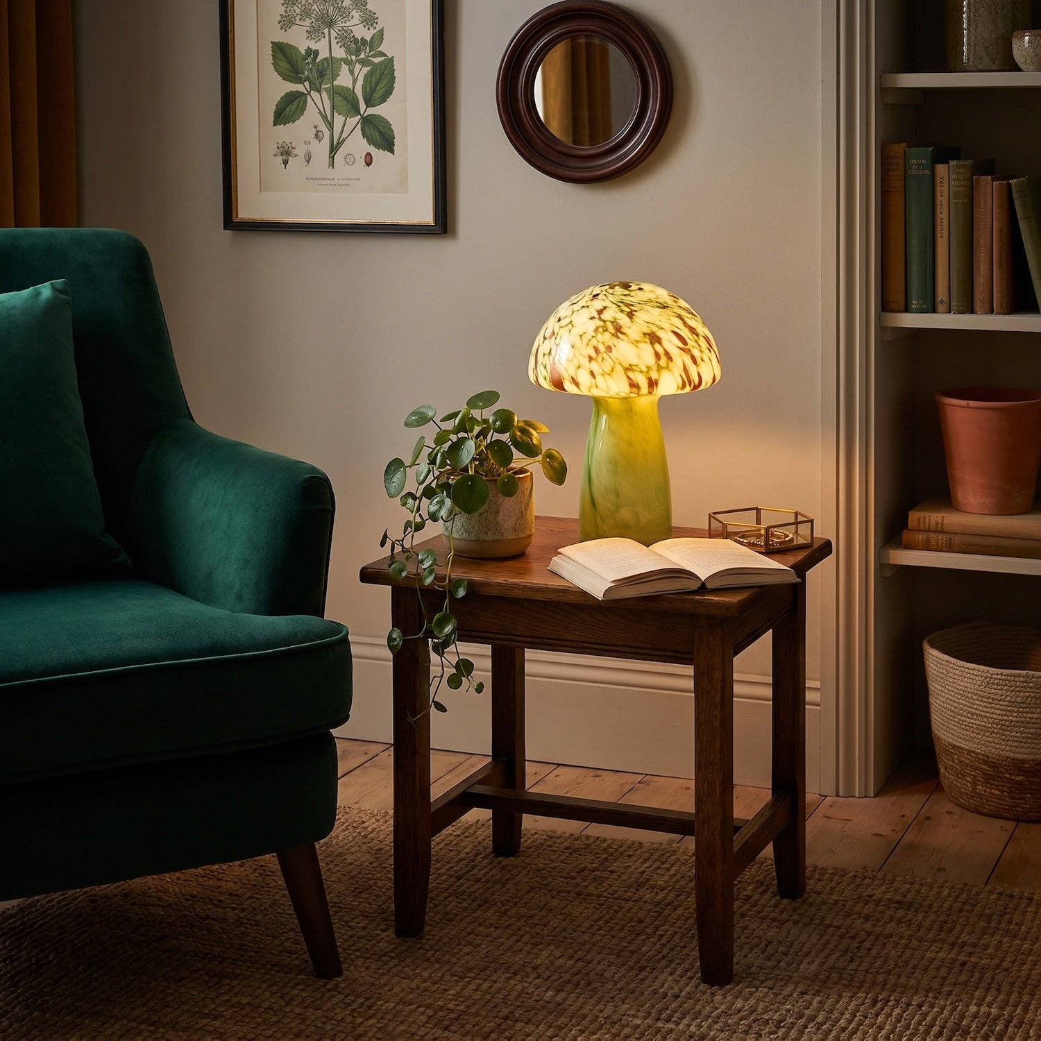 Green Glass Mushroom Lamp 30cm | Retro Italian Style with Copper Flecks