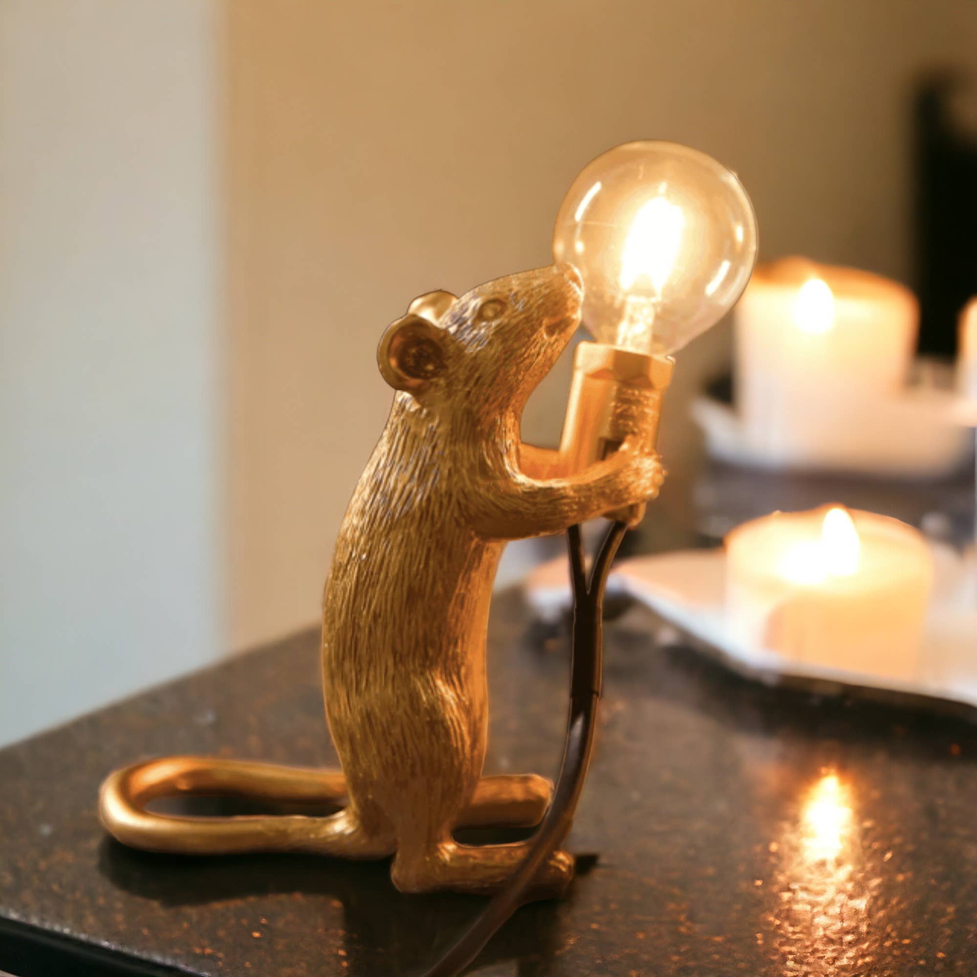 Gold Mouse Night Light | Resin Table Lamp