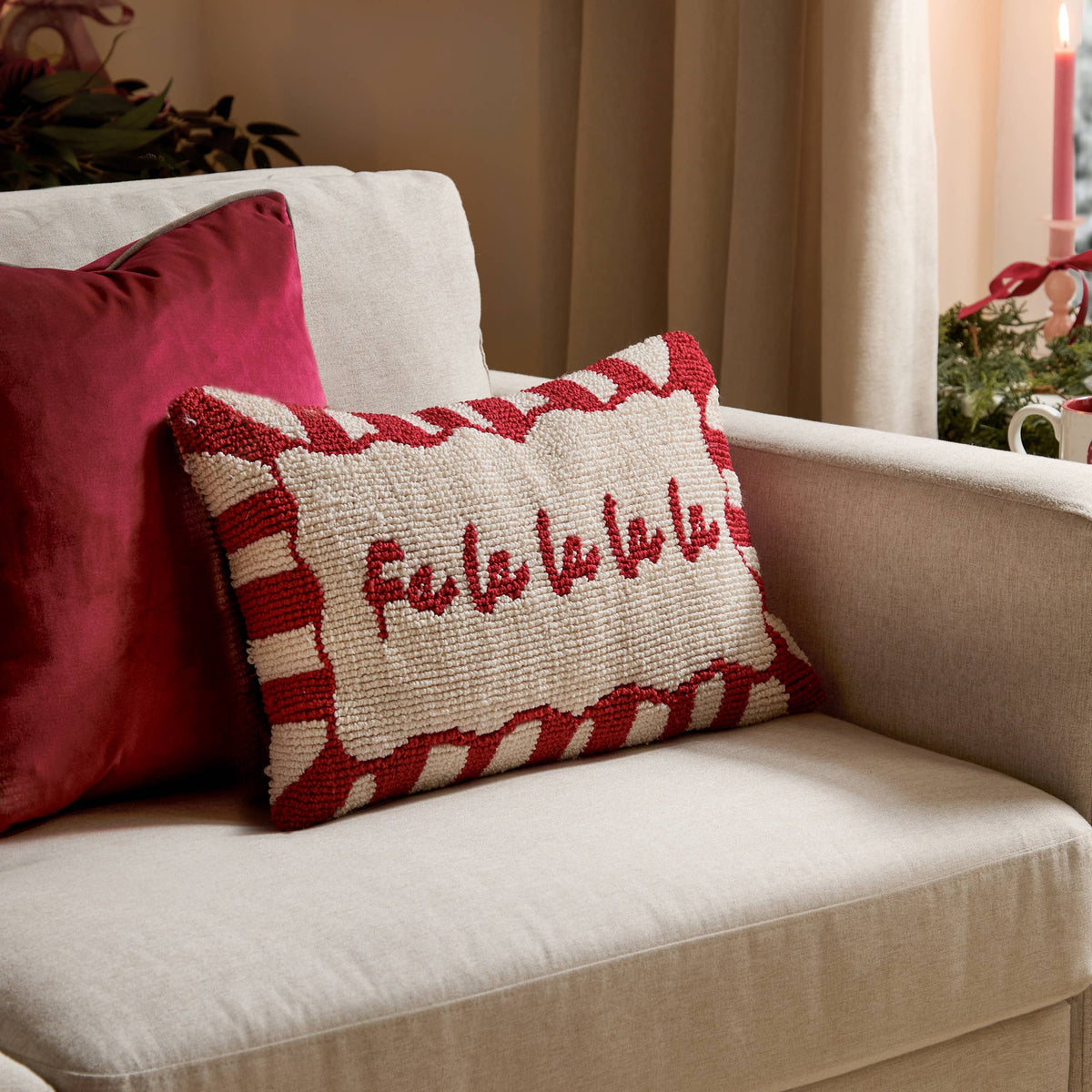 Fa La La Christmas Cushion 30x50cm | Red Candy Stripe, Tufted