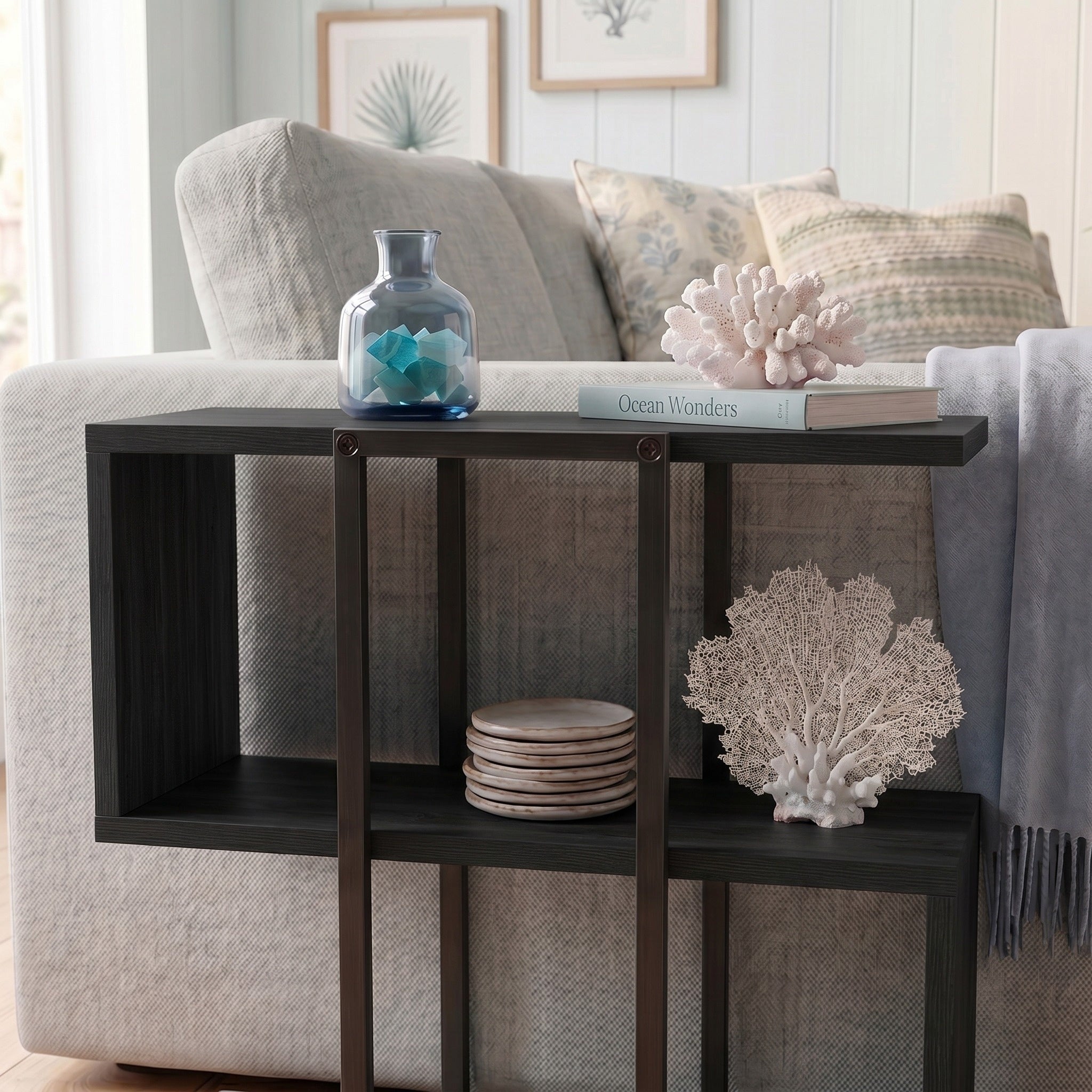 Homia Stepped Side Table with Open Shelves – Living Room End Table – Black Wood