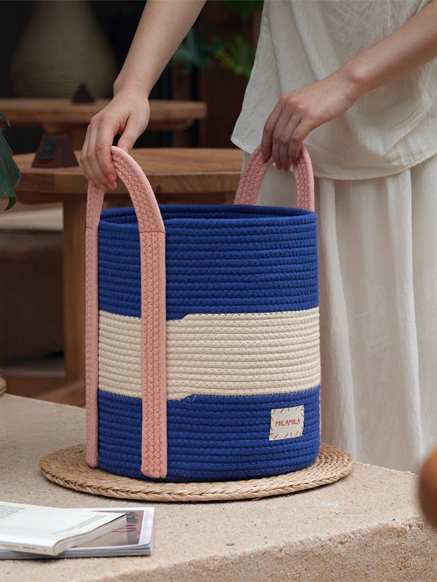 Cotton Rope Storage Basket with Handles | Striped, Two Sizes