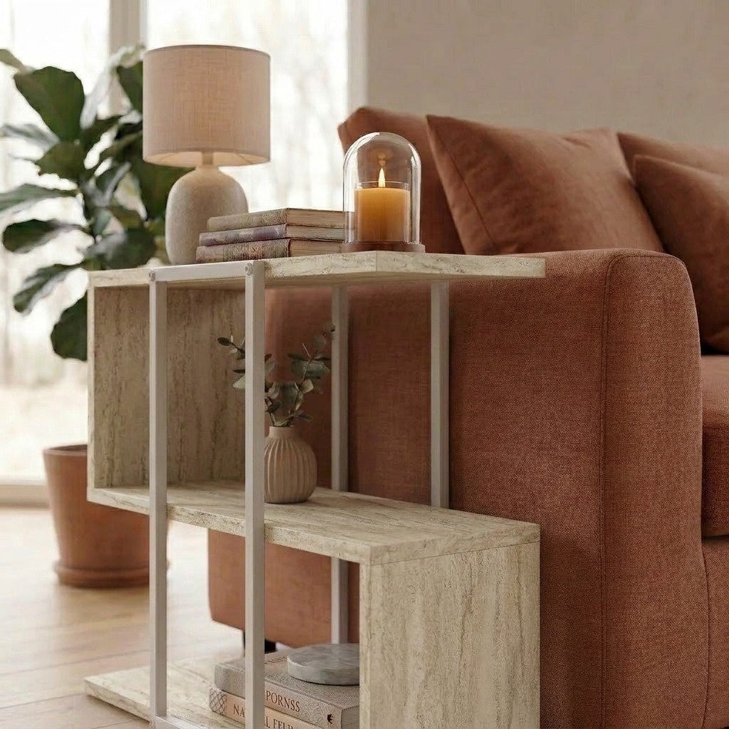 Homia Stepped Side Table with Open Shelves – Living Room End Table – Travertine