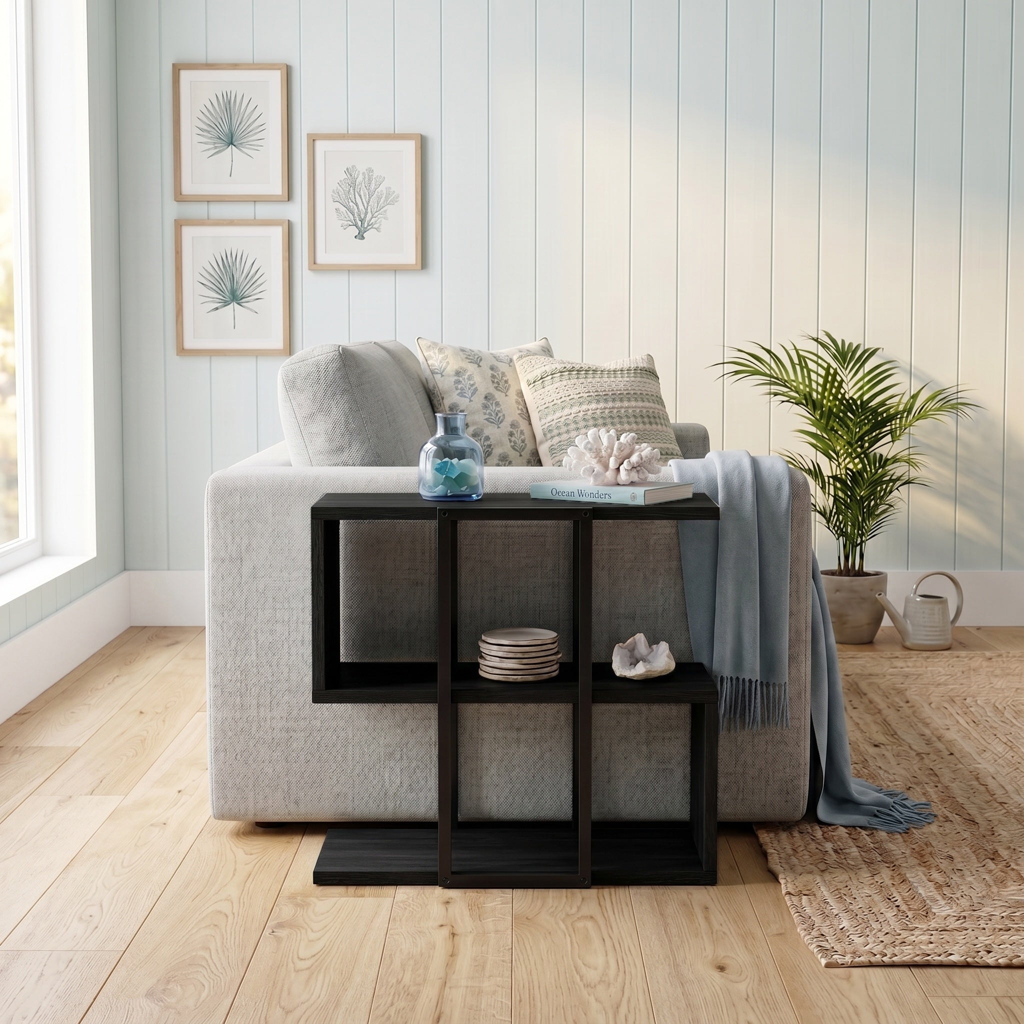 Homia Stepped Side Table with Open Shelves – Living Room End Table – Black Wood