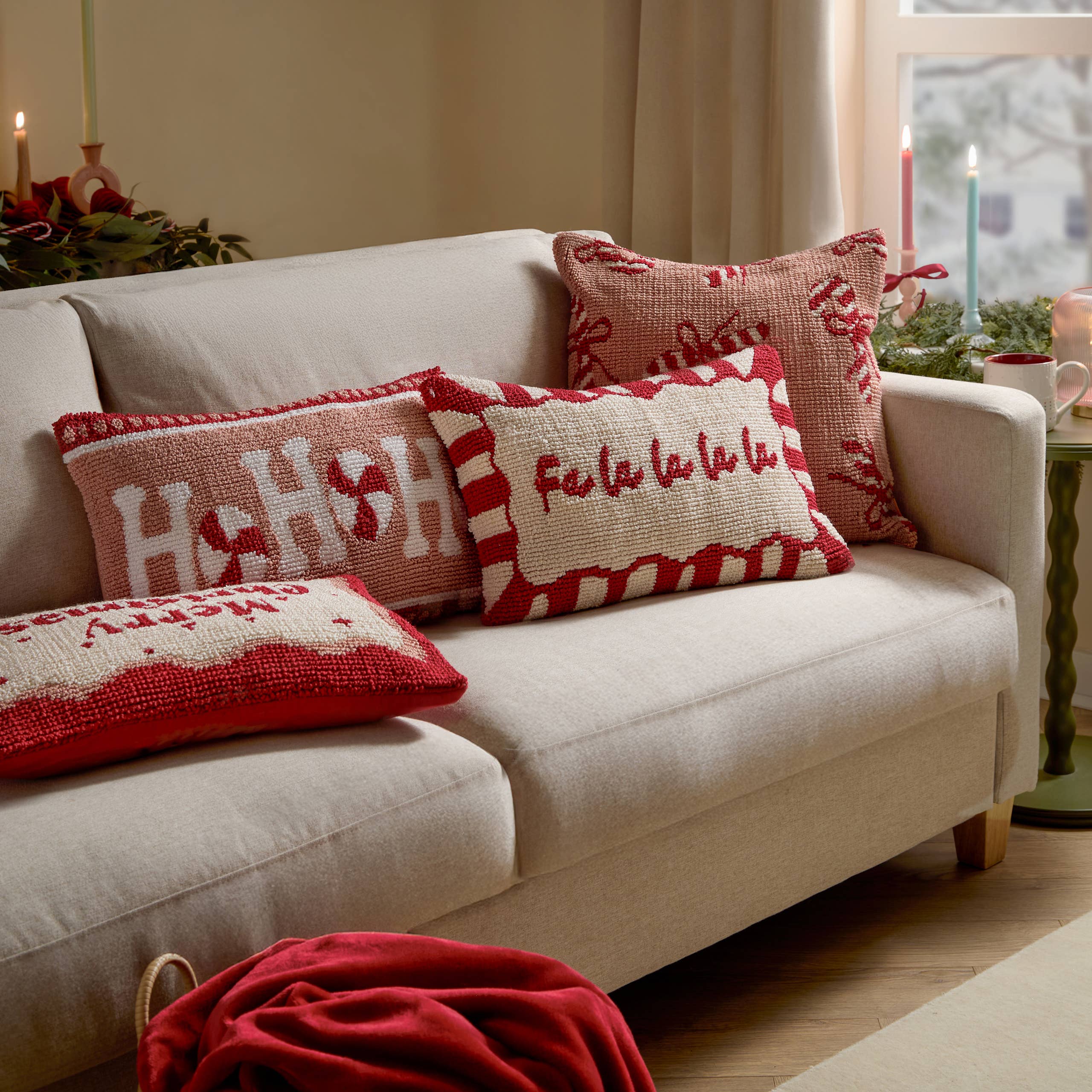 Fa La La Christmas Cushion 30x50cm | Red Candy Stripe, Tufted
