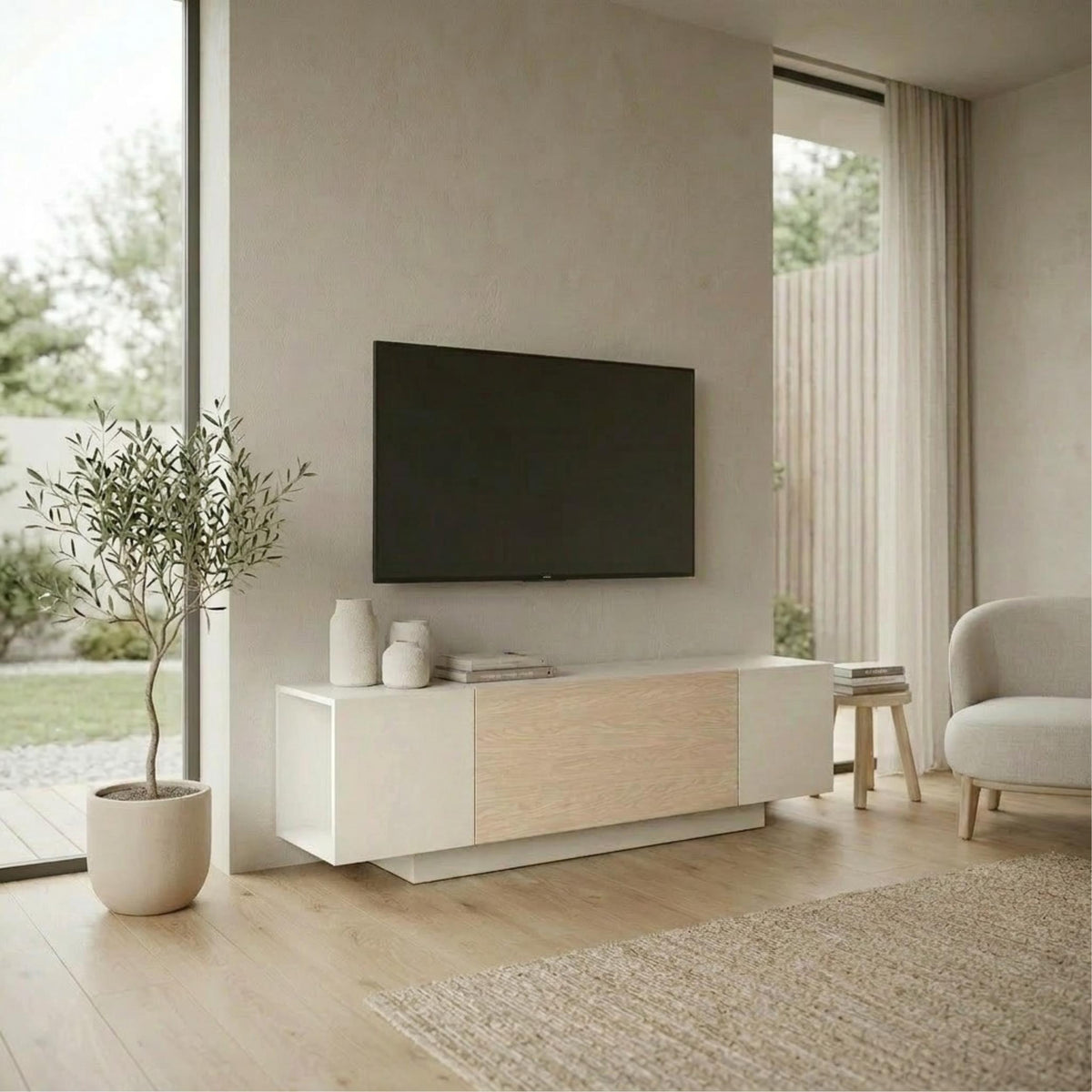 Victor TV Unit Sandstone-Sonoma Oak-White styled in a living room