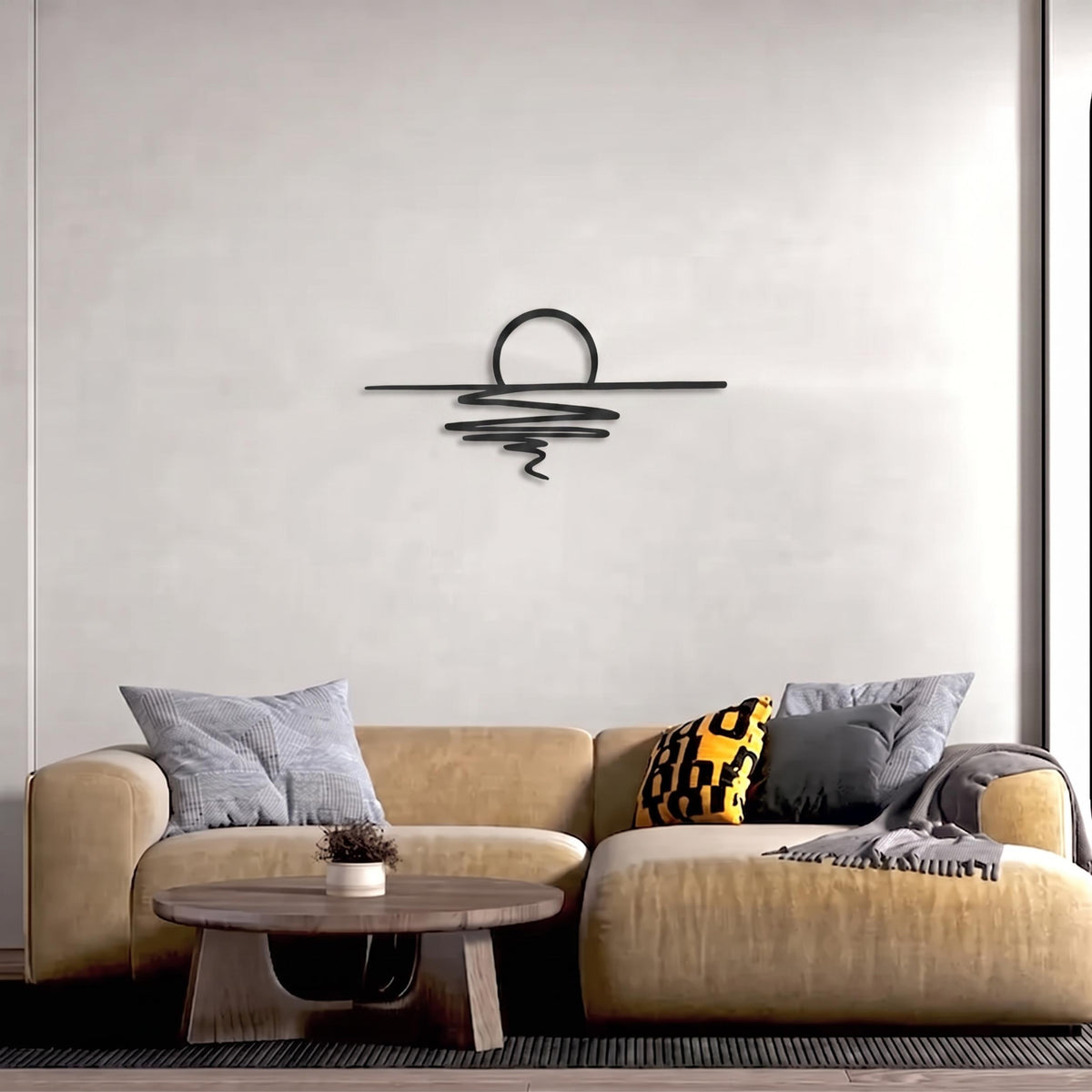 Sunset Metal Wall Art (60x27cm) in Texture Black, hung above a sofa