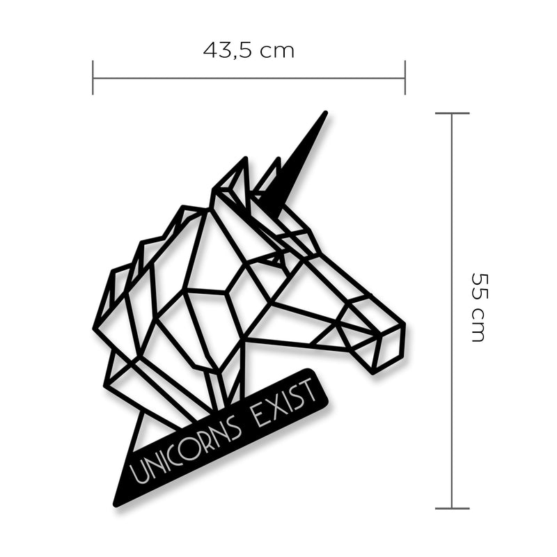 Dimension diagram showing the 43.5x55cm size of the Unicorn metal wall art